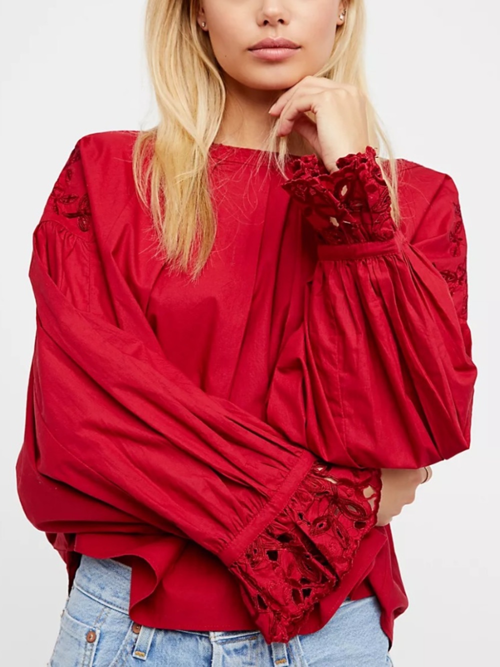 Free People Wishing Well Top S Red Boho Embroidery